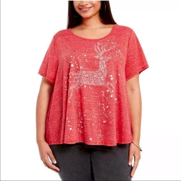 NEW Style & Co Christmas Top Raindeer T Shirt Short Sleeve Size 0X - Picture 2 of 5